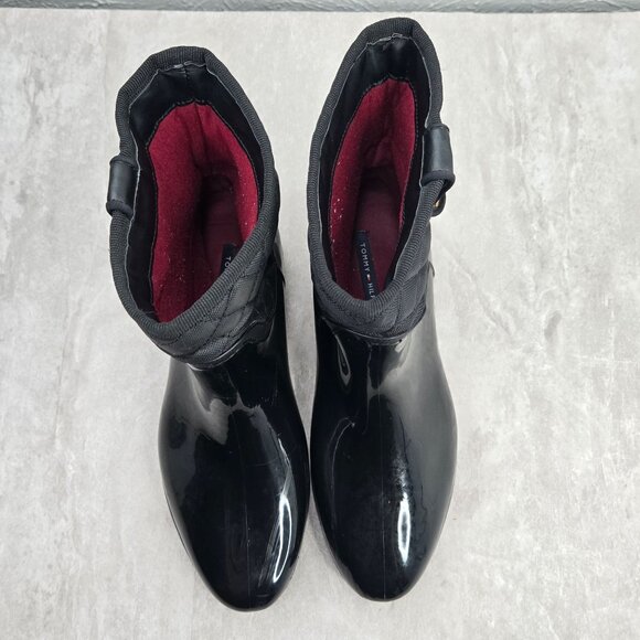 Tommy Hilfiger Rain Boots Black Quilted Outdoor Rubber Winter Ankle Booties Sz 8 - Picture 2 of 12